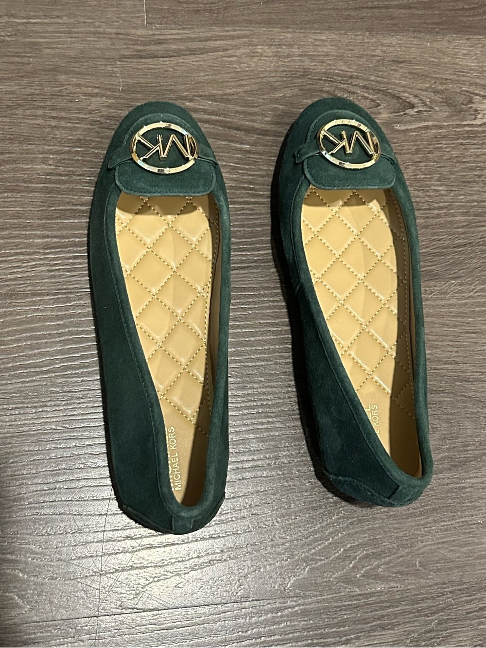 Michael Kors Forest Green Suede Quilted Ballet Flats with Gold MK Emblem